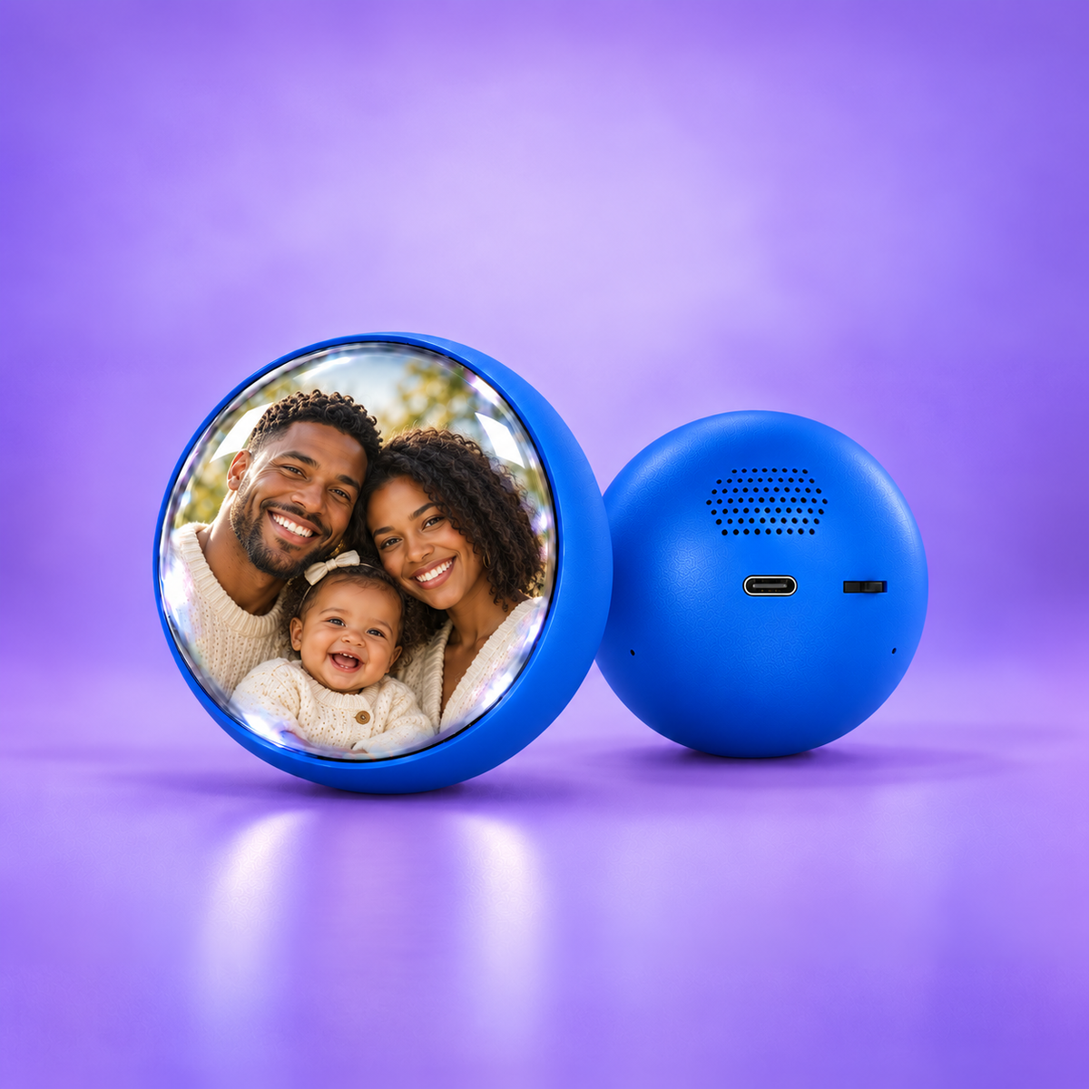 MemoraSphere azul con foto familiar en 3D