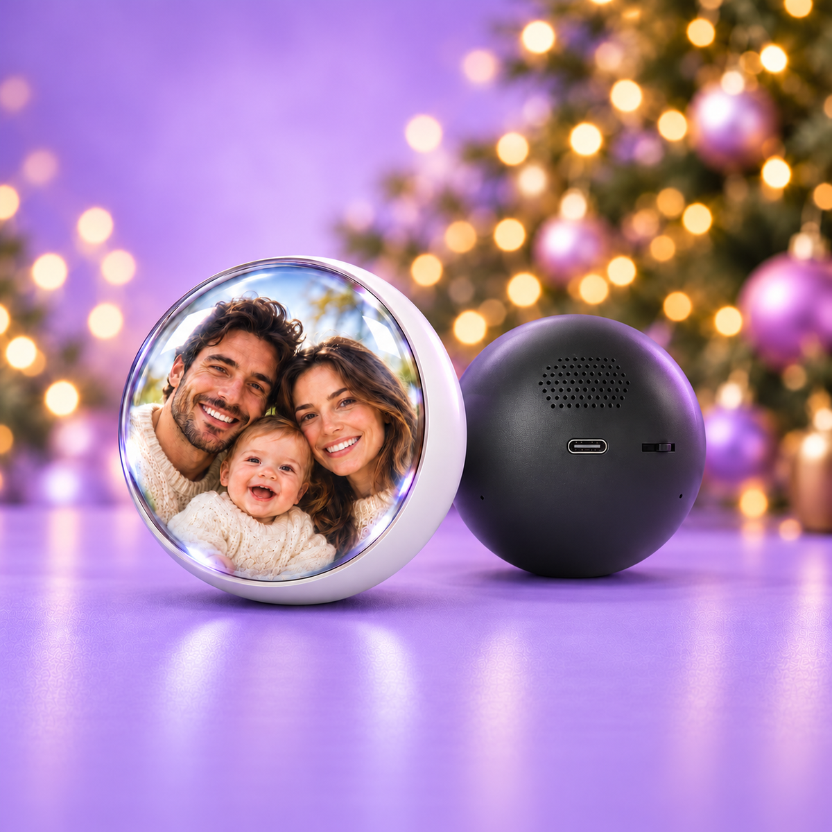 MemoraSphere blanca y negra junto al árbol de Navidad