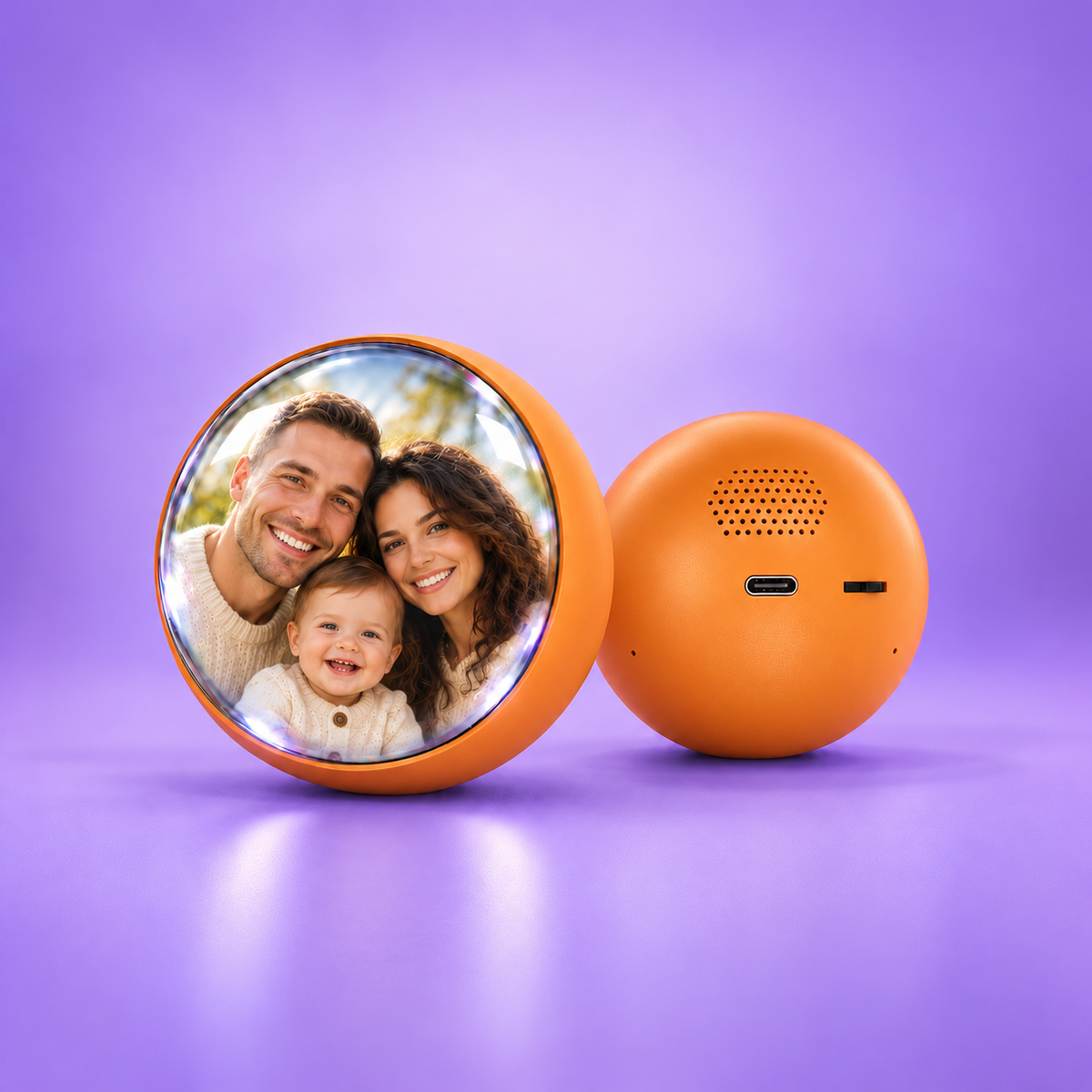 MemoraSphere naranja con foto familiar en 3D