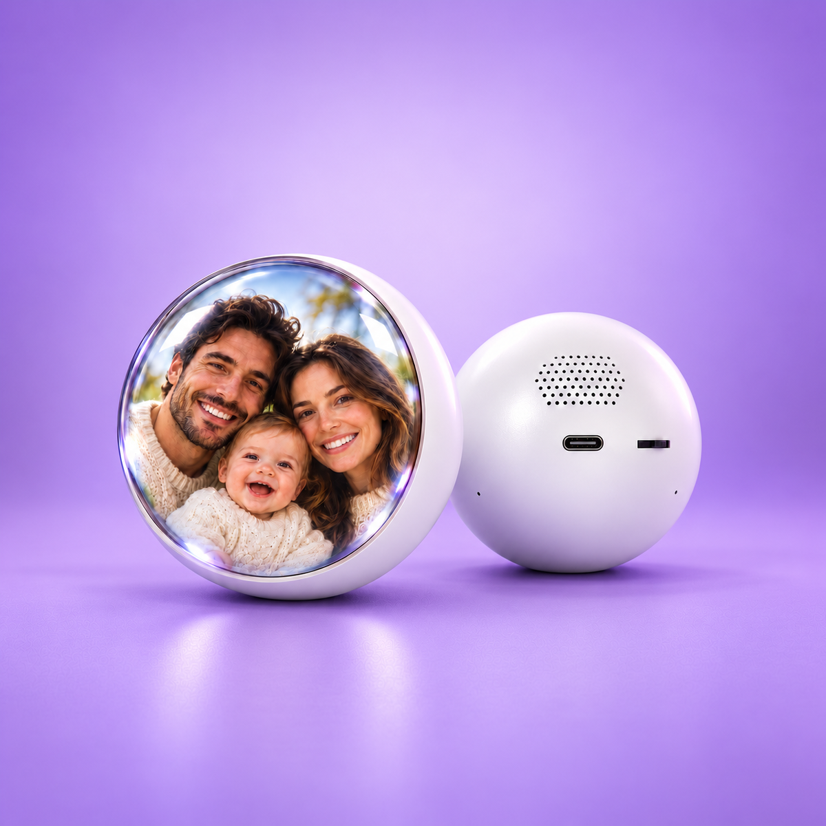 MemoraSphere blanca con foto familiar en 3D