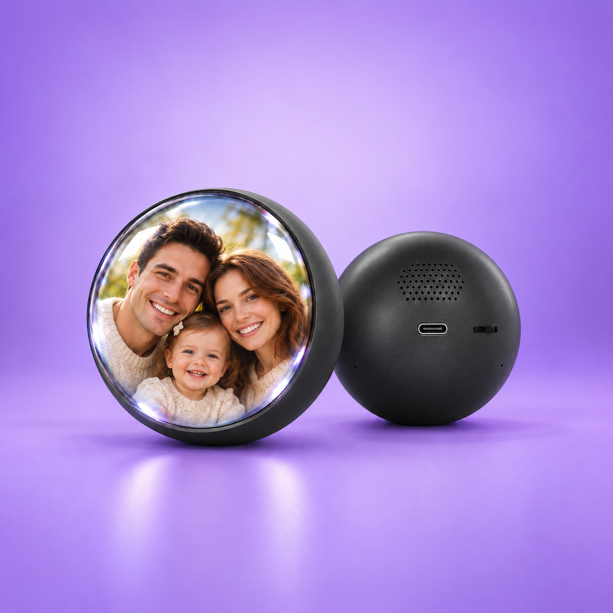 MemoraSphere negra con foto familiar en 3D